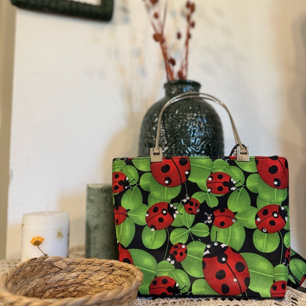 Ladybug Print Handbag - Green and Red